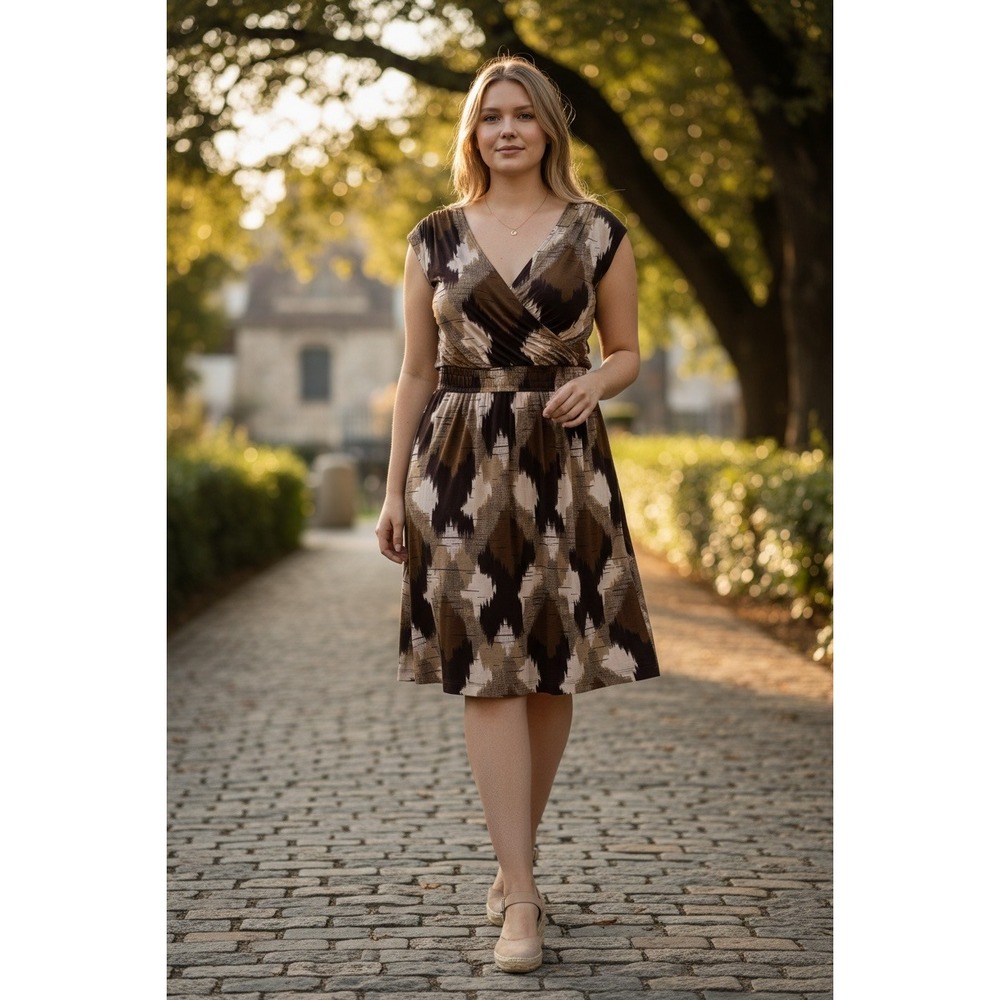 Apostrophe Women's Large Stretch Faux Wrap Dress Brown Ikat Geometric Cap Sleeve